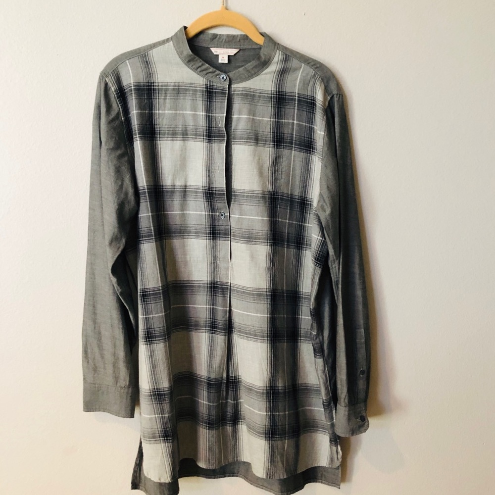 GAP long Sleeve Henley Tunic Grey Plaid Size M